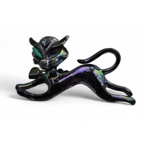 Vintage Black Iridescent Cat Brooch Figural Kitty Pin Costume Jewelry